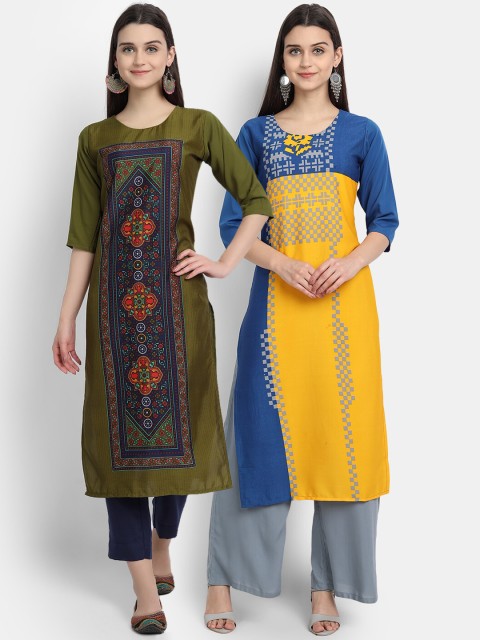 

1 Stop Fashion Women Pack of 2 Printed Kurtas, Olive