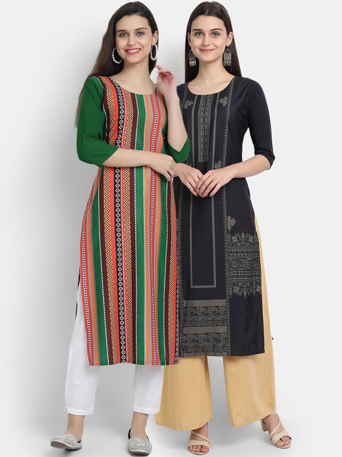 

1 Stop Fashion Women Pack of 2 Printed Kurtas, Black