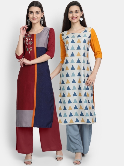 

1 Stop Fashion Women Pack of 2 Printed Kurtas, Maroon
