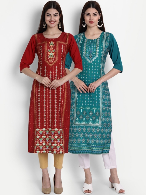 

1 Stop Fashion Women Pack of 2 Printed Kurtas, Maroon