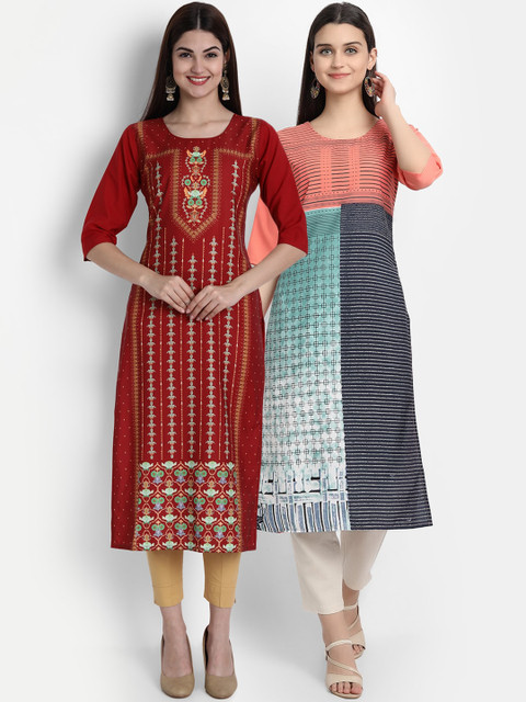 

1 Stop Fashion Women Pack of 2 Printed Kurtas, Maroon