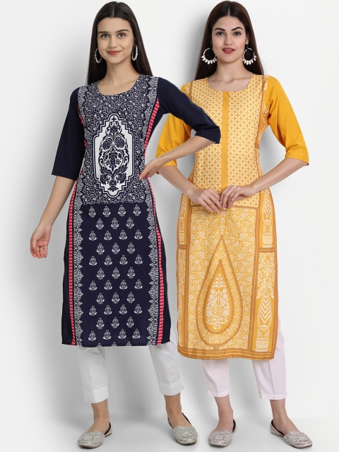 

1 Stop Fashion Women Pack of 2 Printed Kurtas, Mustard