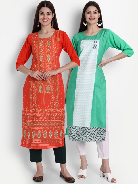 

1 Stop Fashion Women Pack of 2 Printed Kurtas, Orange