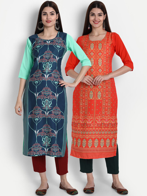 

1 Stop Fashion Women Pack of 2 Printed Kurtas, Orange