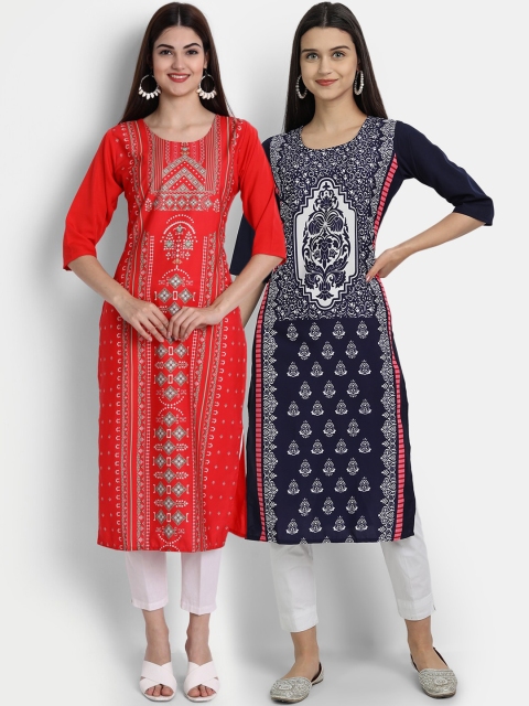 

1 Stop Fashion Women Pack of 2 Printed Kurtas, Navy blue