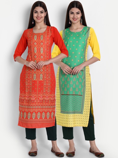 

1 Stop Fashion Women Pack of 2 Printed Kurtas, Green
