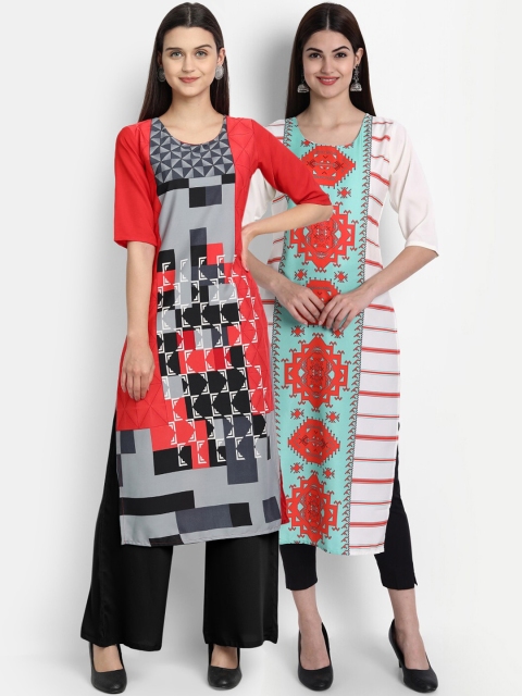 

1 Stop Fashion Women Pack of 2 Geometric Print Round Neck Straight Kurtas, Orange