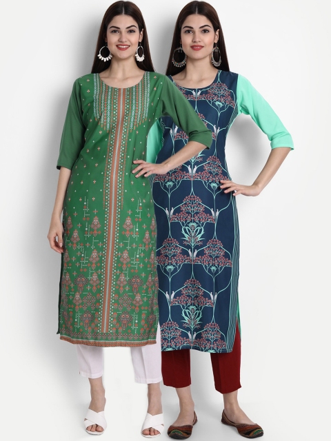 

1 Stop Fashion Women Pack of 2 Ethnic Motifs Print Round Neck Straight Kurtas, Olive