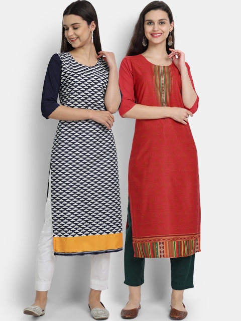 

1 Stop Fashion Women Pack of 2 Printed Round Neck Straight Kurtas, Red