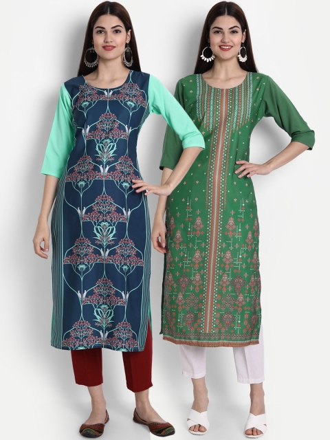 

1 Stop Fashion Women Pack of 2 Ethnic Motifs Print Round Neck Straight Kurtas, Olive