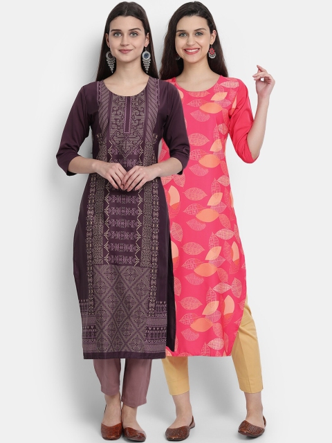 

1 Stop Fashion Women Pack of 2 Ethnic Motifs Print Round Neck Straight Kurtas, Pink
