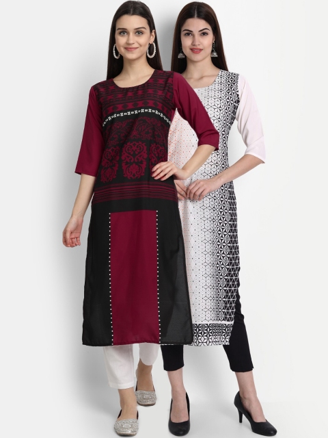 

1 Stop Fashion Women Pack of 2 Ethnic Motifs Print Round Neck Straight Kurtas, Maroon