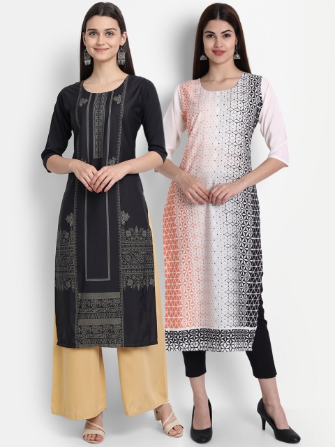 

1 Stop Fashion Women Pack of 2 Ethnic Motifs Print Round Neck Straight Kurtas, Black