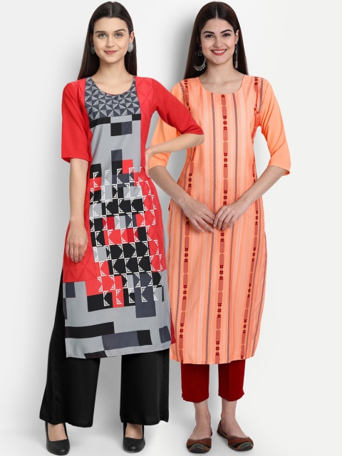 

1 Stop Fashion Women Pack of 2 Printed Round Neck Straight Kurtas, Orange