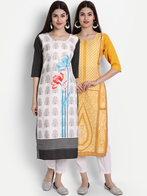 

1 Stop Fashion Women Pack of 2 Ethnic Motifs Print Round Neck Straight Kurtas, White
