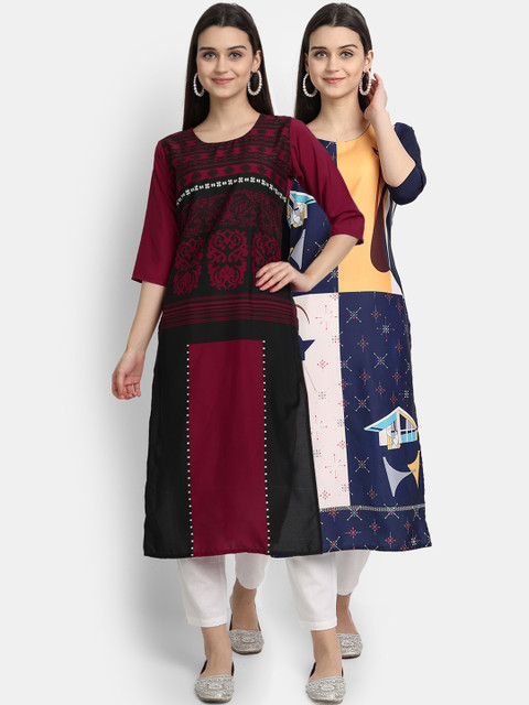 

1 Stop Fashion Women Pack of 2 Ethnic Motifs Print Round Neck Straight Kurtas, Maroon