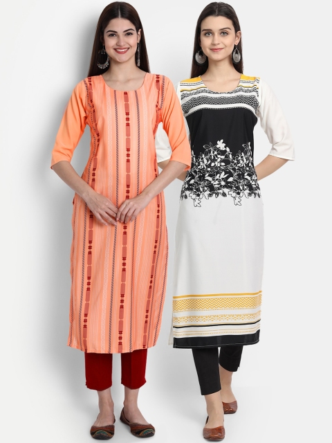

1 Stop Fashion Women Pack of 2 Ethnic Motifs Print Round Neck Straight Kurtas, Peach