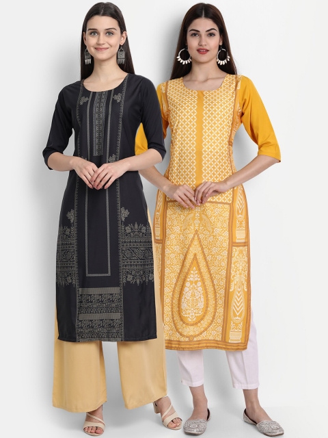 

1 Stop Fashion Women Pack of 2 Ethnic Motifs Print Round Neck Straight Kurtas, Black
