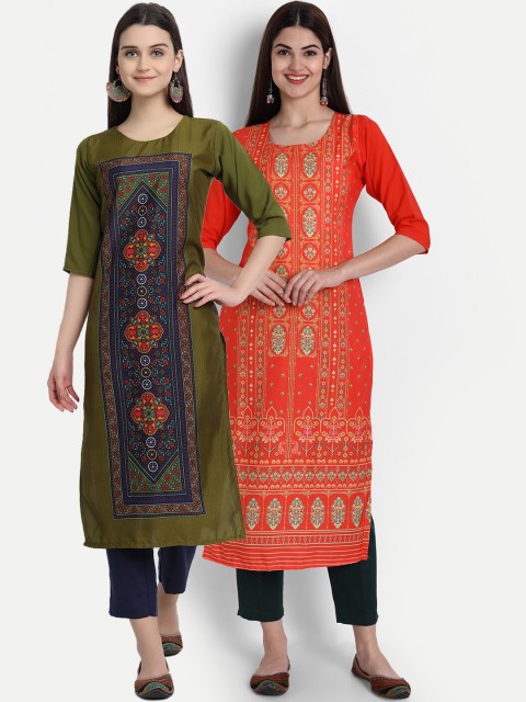 

1 Stop Fashion Women Pack of 2 Ethnic Motifs Print Round Neck Straight Kurtas, Olive