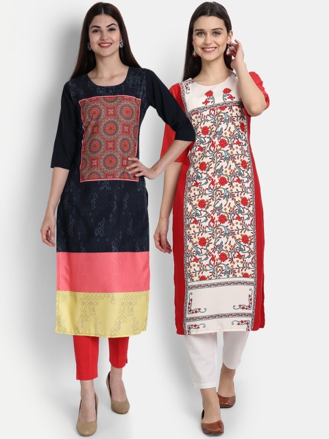 

1 Stop Fashion Women Pack of 2 Ethnic Motifs Print Round Neck Straight Kurtas, Black