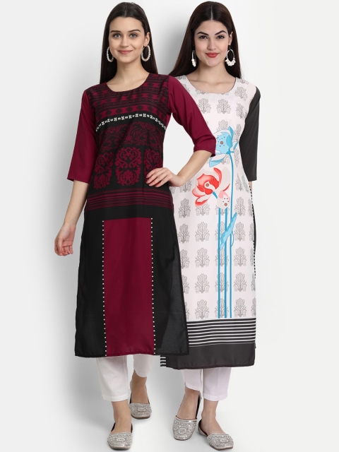 

1 Stop Fashion Women Pack of 2 Ethnic Motifs Print Round Neck Straight Kurtas, Maroon