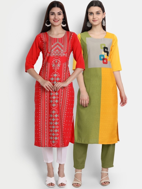 

1 Stop Fashion Women Pack of 2 Ethnic Motifs Print Round Neck Straight Kurtas, Orange