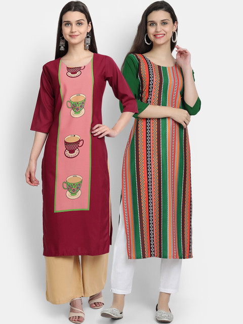 

1 Stop Fashion Women Pack of 2 Ethnic Motifs Print Round Neck Straight Kurtas, Maroon