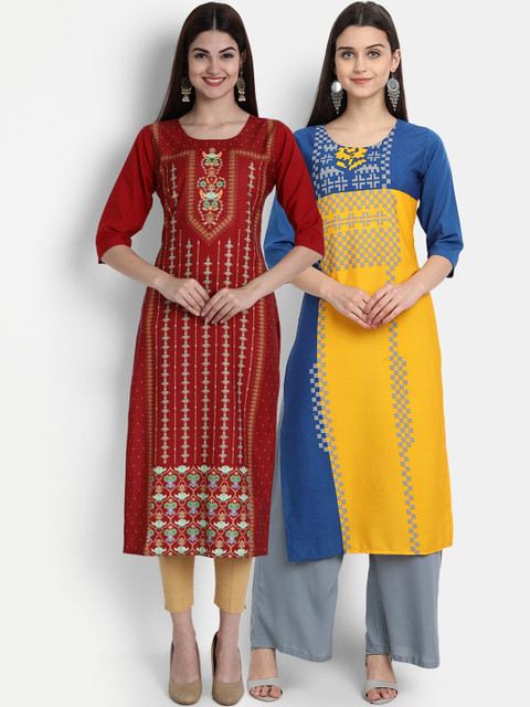 

1 Stop Fashion Women Maroon & Yellow Ethnic Motifs Printed Crepe Kurta