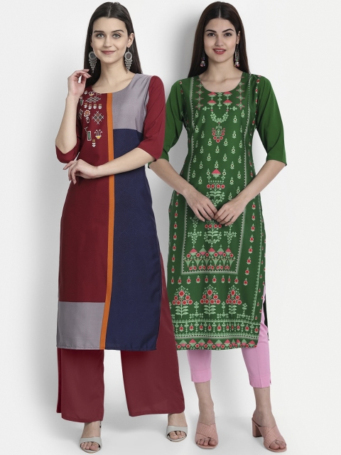 

1 Stop Fashion Women Pack of 2 Round Neck Straight Kurtas, Green