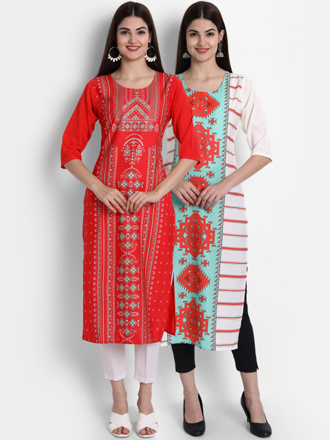 

1 Stop Fashion Women Pack of 2 Ethnic Motifs Print Round Neck Straight Kurtas, Orange