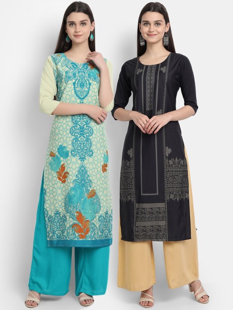 

1 Stop Fashion Women Pack of 2 Ethnic Motifs Print Round Neck Straight Kurtas, Green