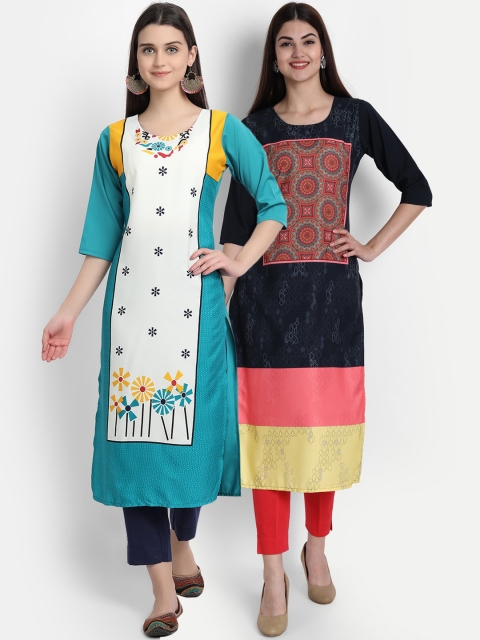 

1 Stop Fashion Women Pack of 2 Ethnic Motifs Print Round Neck Straight Kurtas, White
