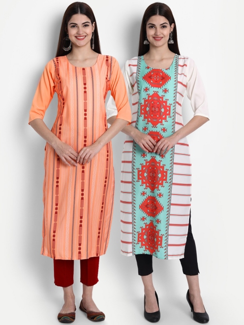 

1 Stop Fashion Women Pack of 2 Ethnic Motifs Print Round Neck Straight Kurtas, Peach