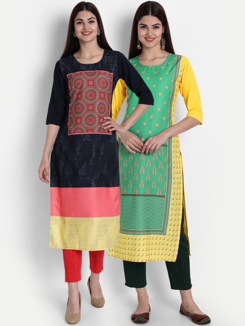 

1 Stop Fashion Women Pack of 2 Ethnic Motifs Print Round Neck Straight Kurtas, Black