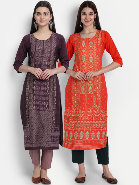 

1 Stop Fashion Women Pack of 2 Ethnic Motifs Print Round Neck Straight Kurtas, Purple