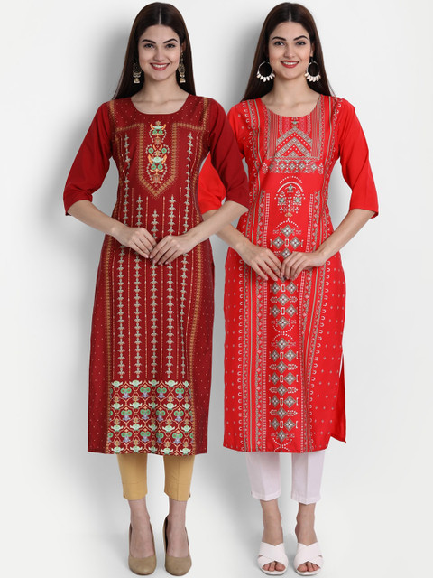

1 Stop Fashion Women Pack of 2 Ethnic Motifs Print Round Neck Straight Kurtas, Maroon
