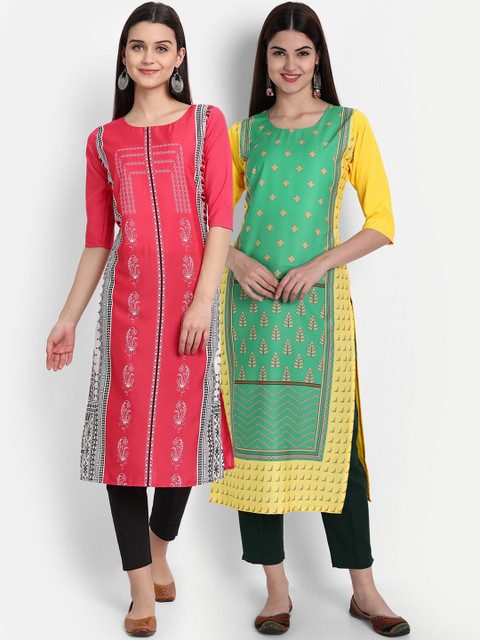 

1 Stop Fashion Women Pack of 2 Ethnic Motifs Print Round Neck Straight Kurtas, Pink