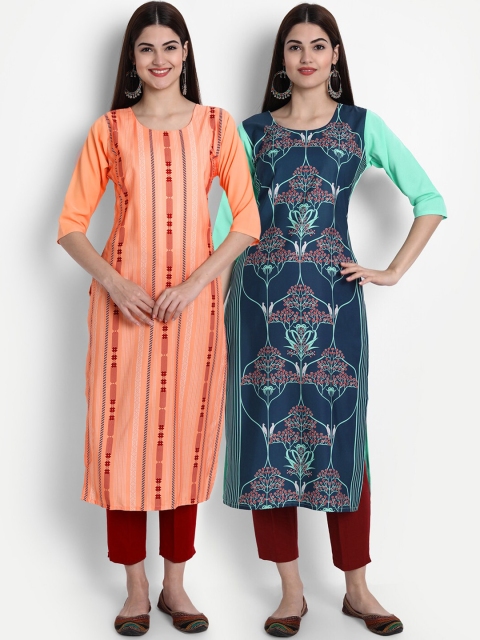 

1 Stop Fashion Women Pack of 2 Ethnic Motifs Print Round Neck Straight Kurtas, Peach