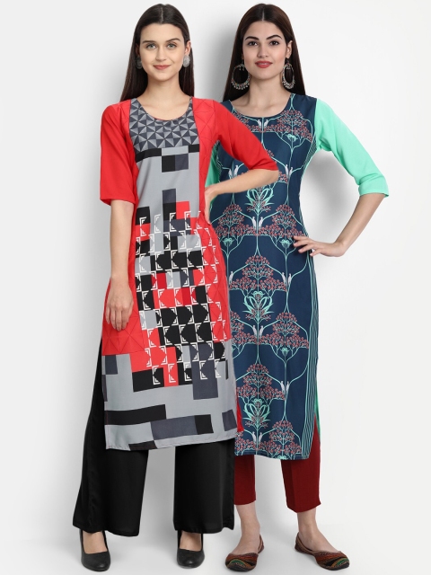 

1 Stop Fashion Women Pack of 2 Printed Round Neck Straight Kurtas, Orange