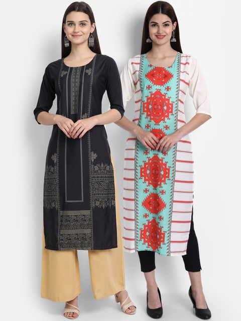 

1 Stop Fashion Women Pack of 2 Ethnic Motifs Print Round Neck Straight Kurtas, Black