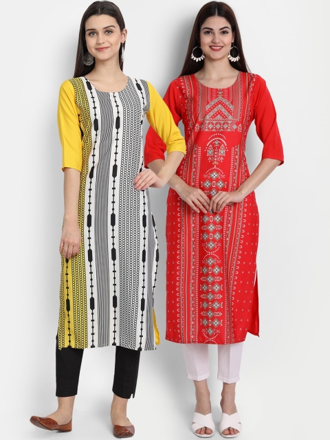 

1 Stop Fashion Women Pack of 2 Printed Round Neck Straight Kurtas, White