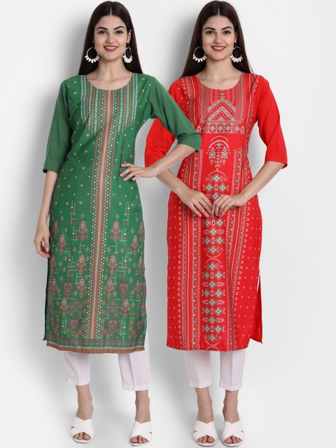 

1 Stop Fashion Women Pack of 2 Ethnic Motifs Print Round Neck Straight Kurtas, Olive
