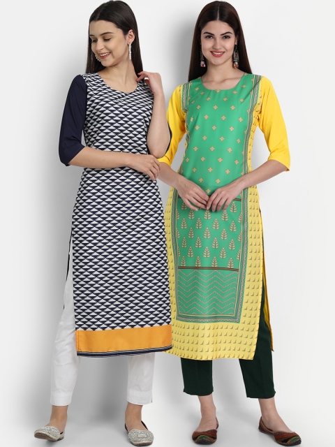 

1 Stop Fashion Women Pack of 2 Ethnic Motifs Print Round Neck Straight Kurtas, Black