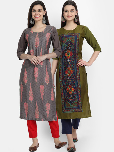 

1 Stop Fashion Women Pack of 2 Ethnic Motifs Print Round Neck Straight Kurtas, Grey