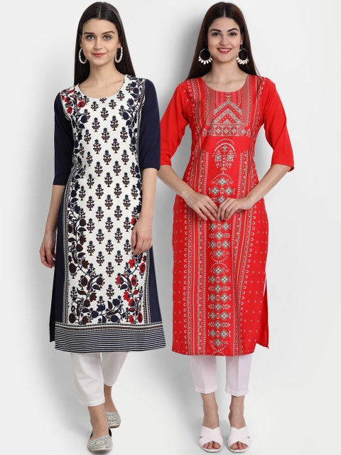 

1 Stop Fashion Women Pack of 2 Ethnic Motifs Print Round Neck Straight Kurtas, Orange