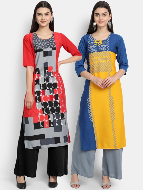 

1 Stop Fashion Women Pack of 2 Geometric Print Round Neck Straight Kurtas, Orange