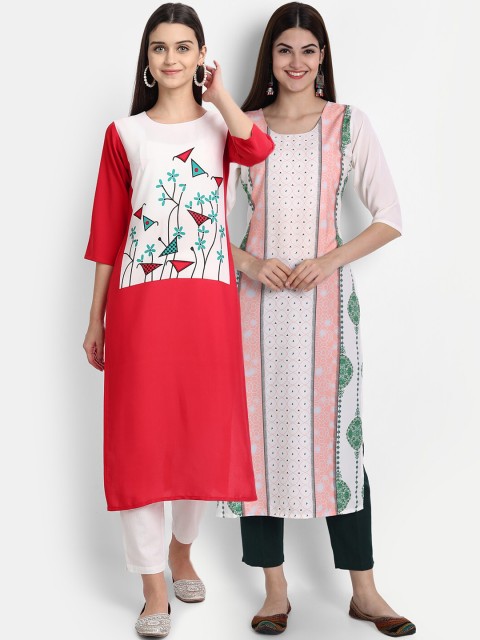 

1 Stop Fashion Women Pack of 2 Printed Round Neck Straight Kurtas, Red