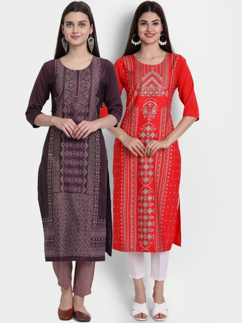 

1 Stop Fashion Women Pack of 2 Ethnic Motifs Print Round Neck Straight Kurtas, Purple