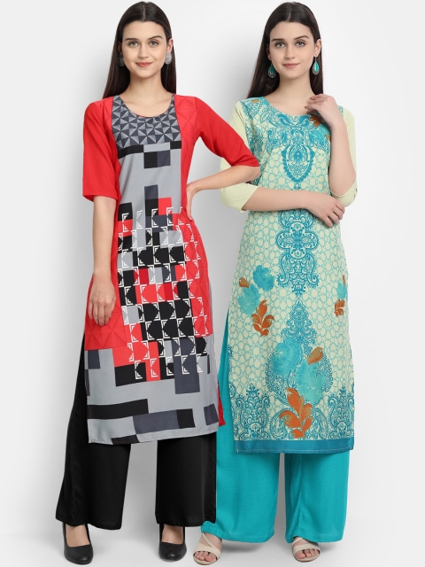 

1 Stop Fashion Women Pack of 2 Printed Round Neck Straight Kurtas, Orange
