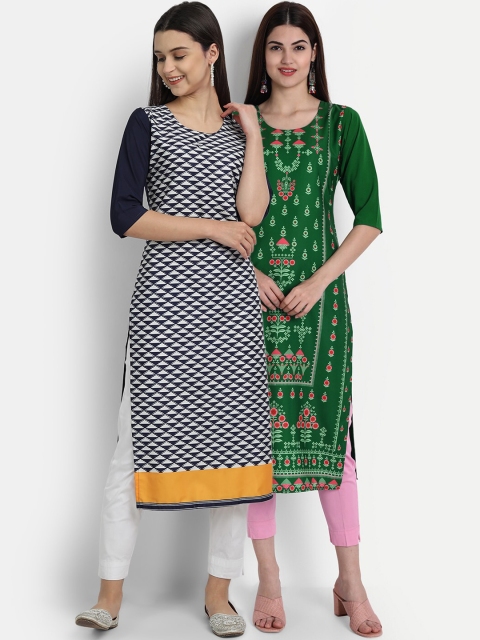 

1 Stop Fashion Women Pack of 2 Ethnic Motifs Print Round Neck Straight Kurtas, Green